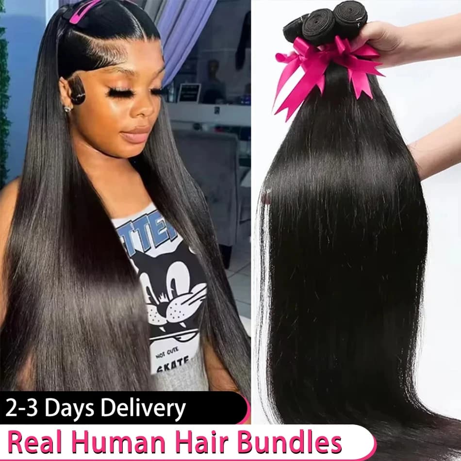Extensions de Cheveux Humains Lisses Naturels 30-40 Pouces, Grade 16A, Couleur Naturelle Brésilienne