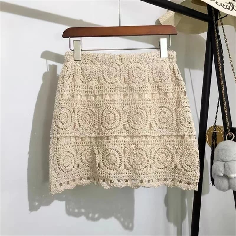 Mini jupe ajourée en tricot pour femmes, modèle géométrique Boho, taille haute, vacances à la plage,