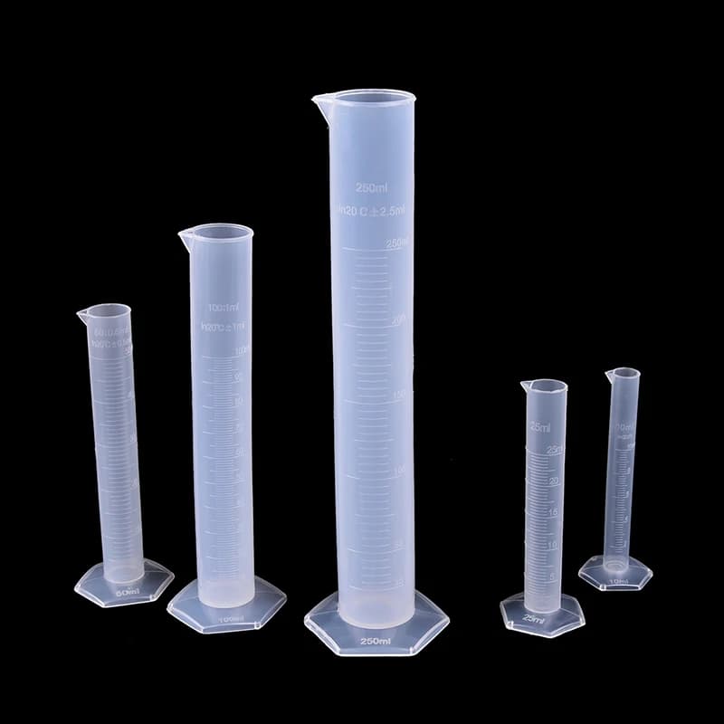 Tube gradué de test de laboratoire en plastique, intervalles de mesure, 10 ml, 25 ml, 50ml, 100 ml, 