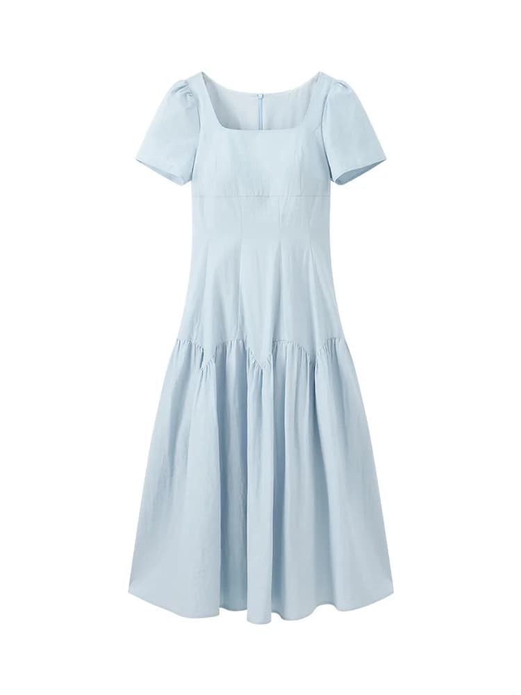 Robe longue française à manches courtes et col carré pour femmes, coupe cintrée, ligne a, Petite tai