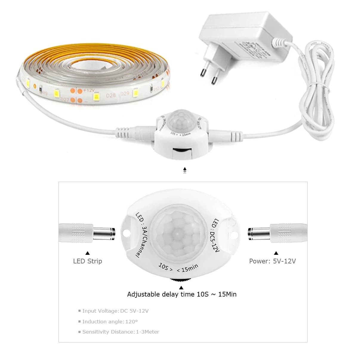 Bande Lumineuse LED avec Capteur de Mouvement PIR, 1-5m, 12V DC, Ruban à Diodes, Étanche, Marche/Arr