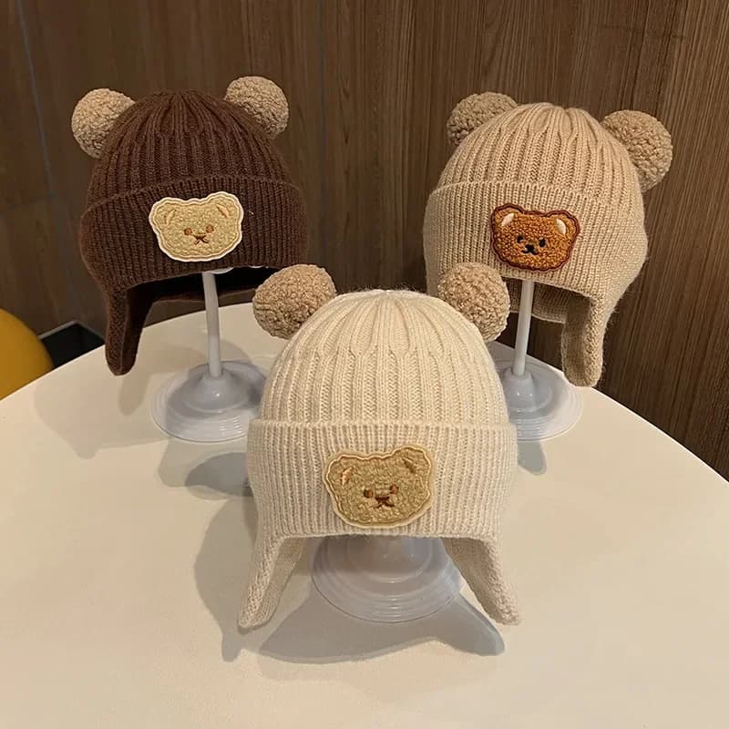Chapeau en laine pour bébé, ours mignon, protection des oreilles, pour enfants, hiver, épais, chaud,