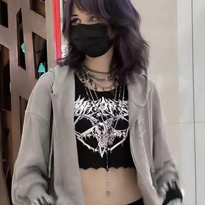 Débardeur gothique tricoté Punk noir pour centre commercial, imprimé chèvre Grunge, Harajuku, haut c