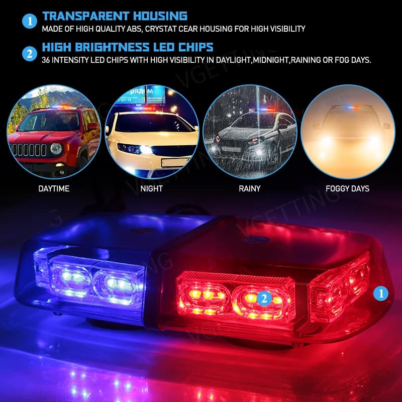 Lumières stroboscopiques sur le toit de la voiture, 36 LED, balise de sécurité d'avertissement d'urg