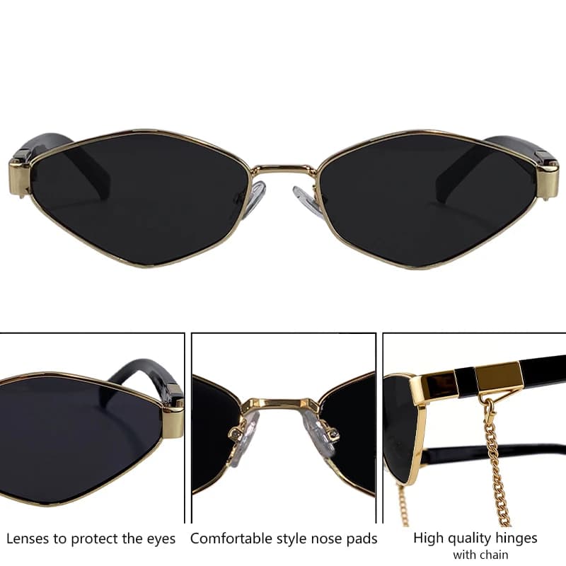 Lunettes de soleil hexagonales à petite monture avec chaîne pour femme 2026 – Marque de luxe vintage