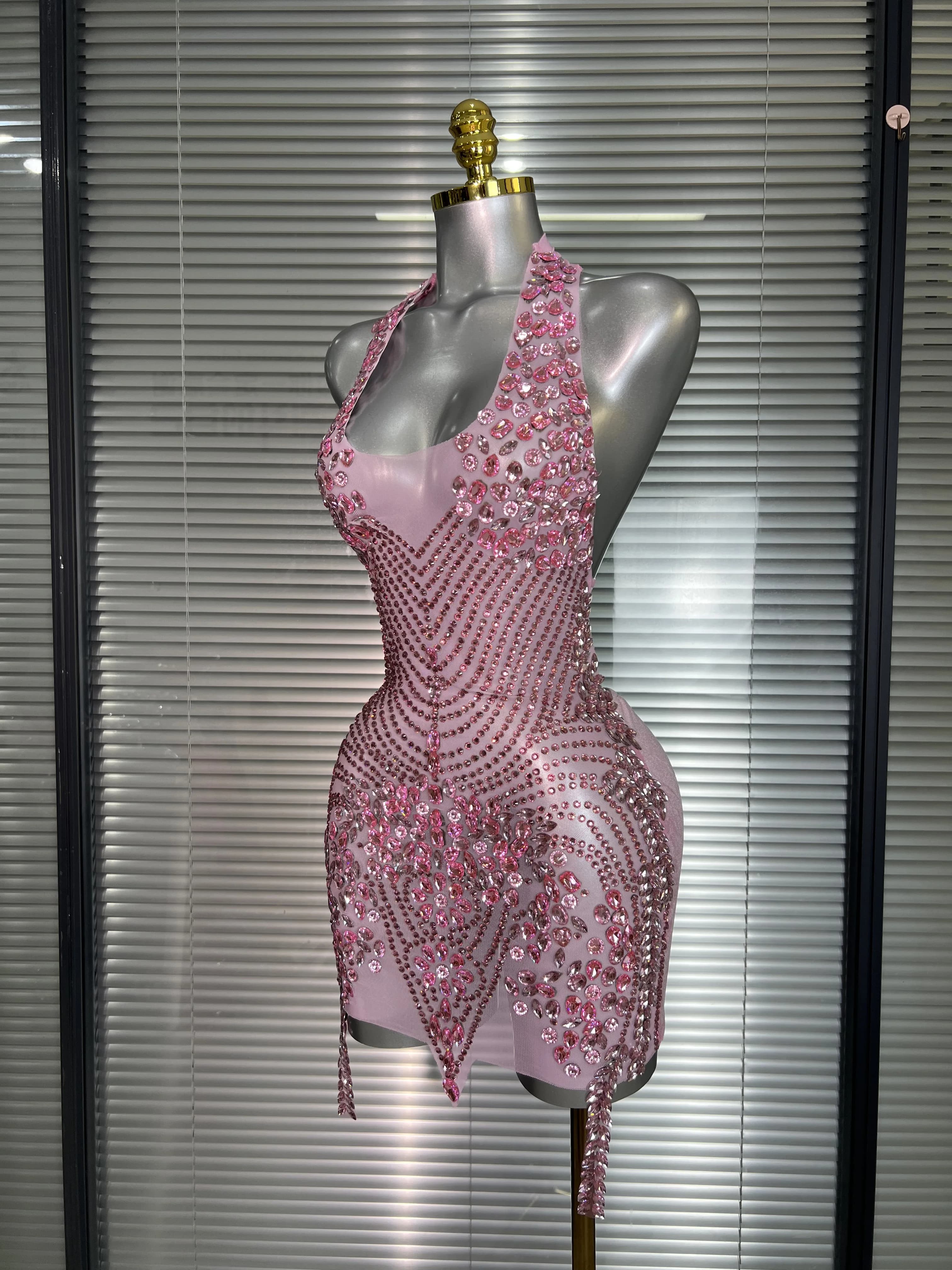 Célébrité nouvelles femmes Sexy rose maille licou scène Performance Costume danseuse chanteur boîte 