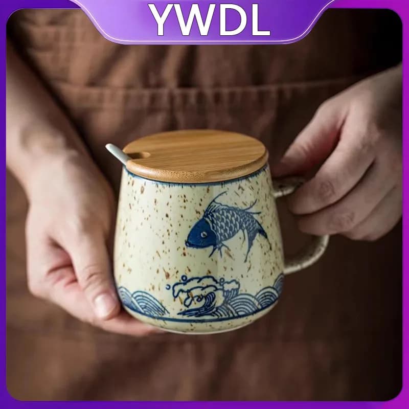 YWDL – tasse à café japonaise en céramique de 350ml, avec couvercle et cuillère, tasses à lait pour 