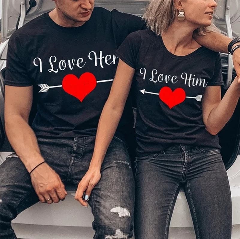 T-shirt col rond pour couple, estival et décontracté, avec I Love Him, King Queen, pour amoureux