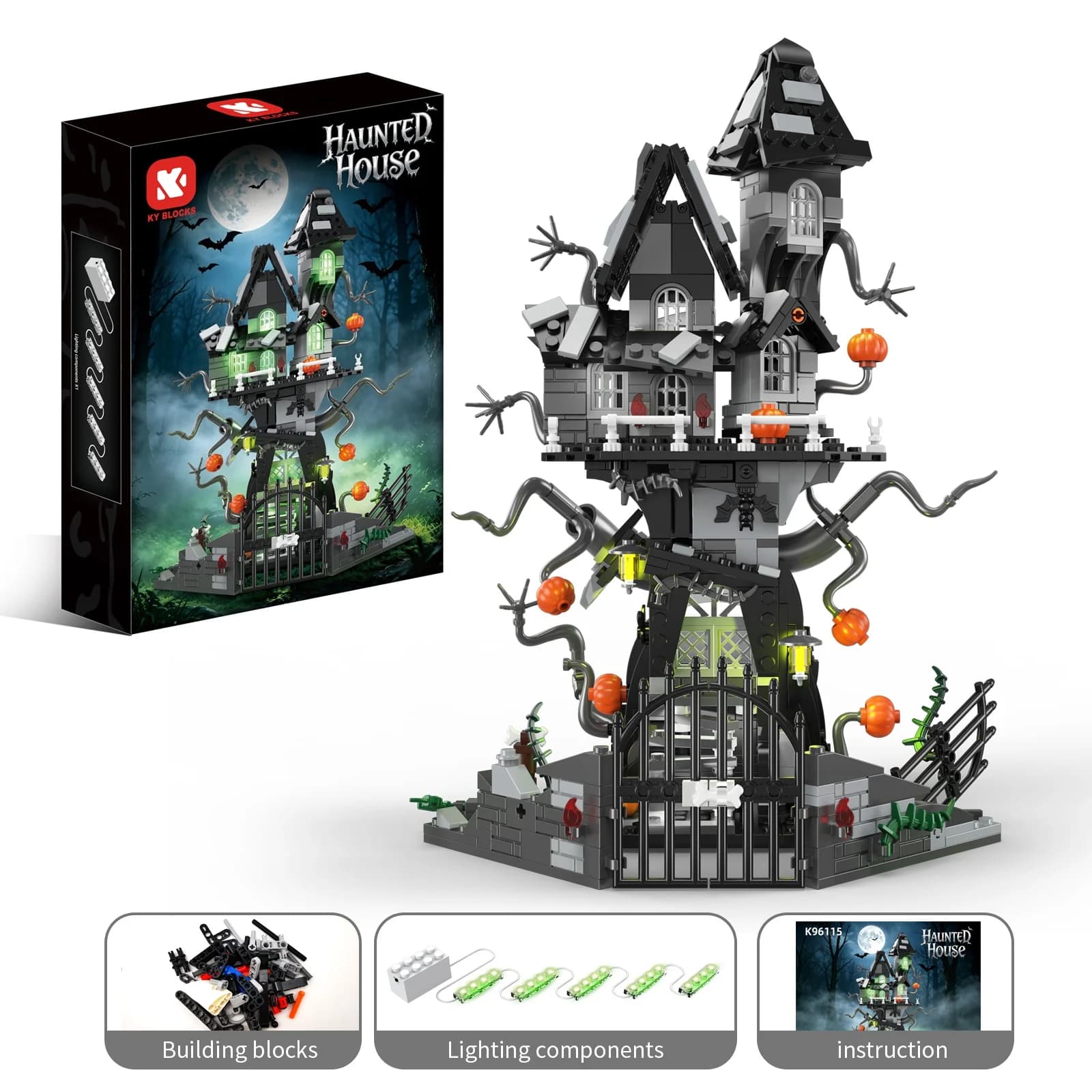 Blocs de construction de maison hantée d'Halloween avec lumière LED, branches torsadées mobiles et p