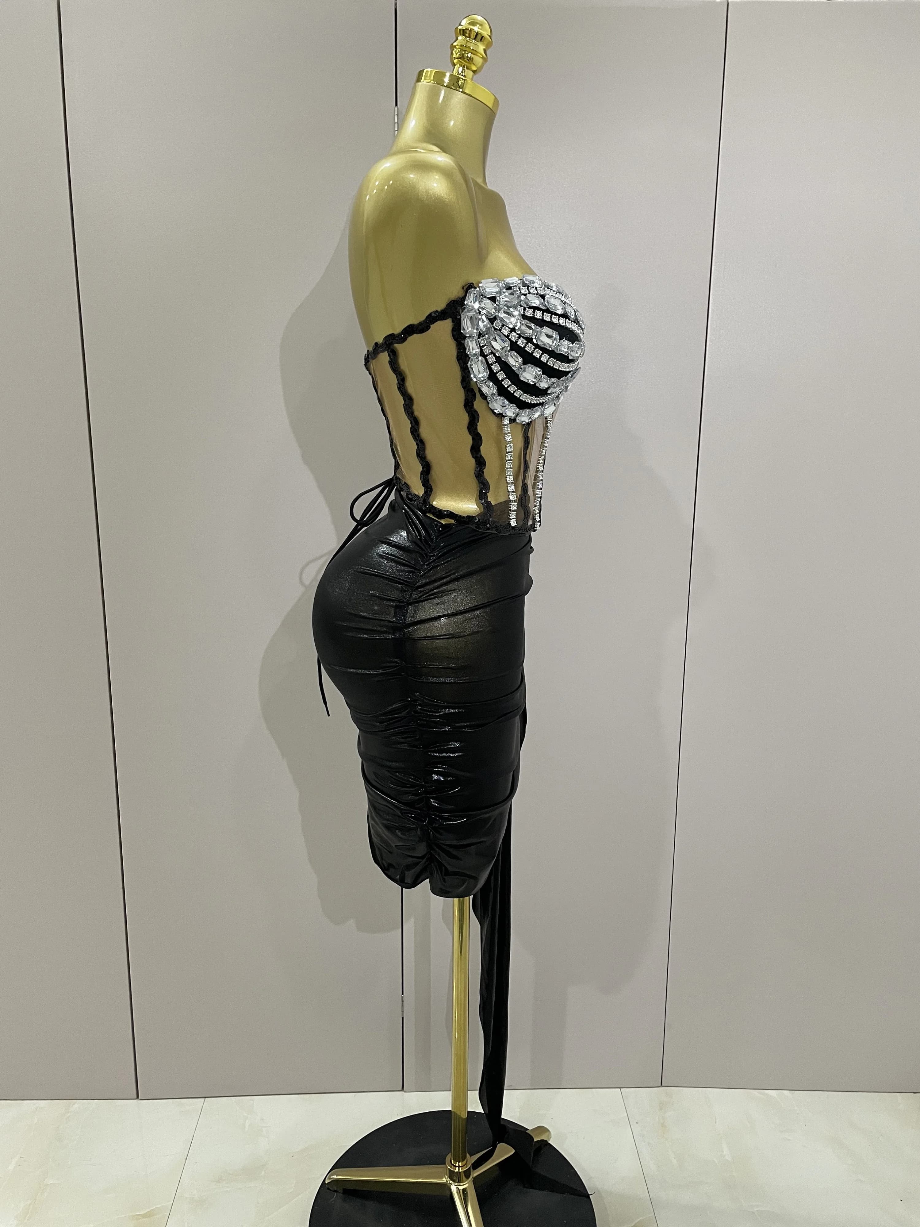Sexy brillant strass paillettes 2 pièces haut jupe ensemble 2025 femmes célébrité soirée scène disco