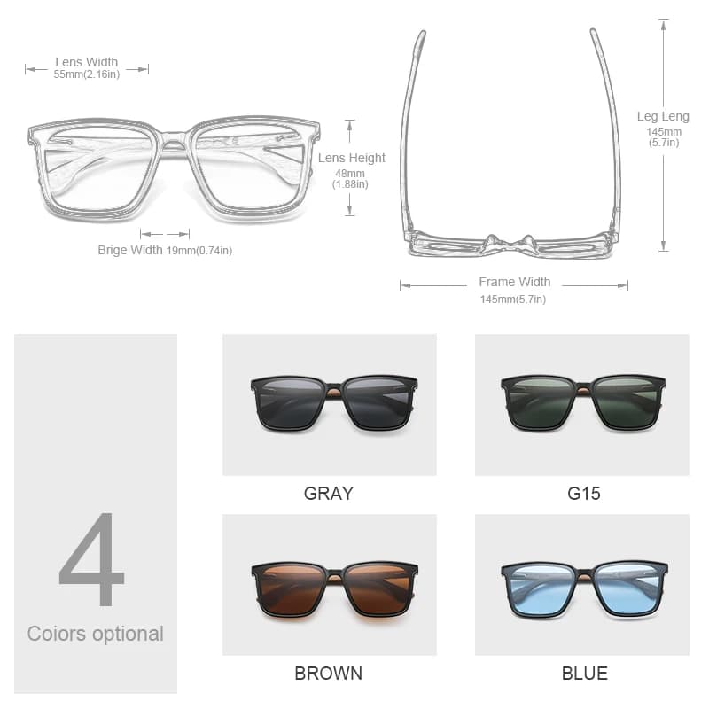 Hu bois carré hommes femmes lunettes de soleil polarisées lunettes de soleil lentilles bleues jambes