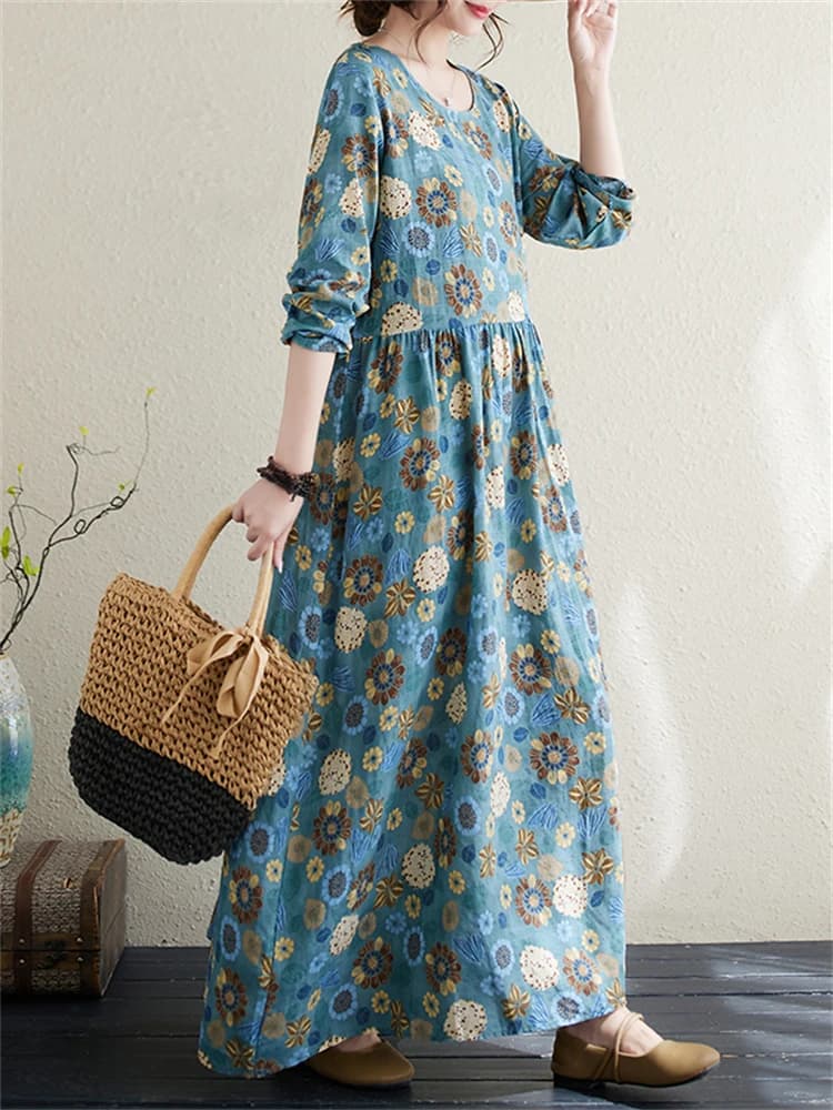 Automne coton imprimé Vintage robes pour femmes 2025 nouveau printemps décontracté longue Robe Femme