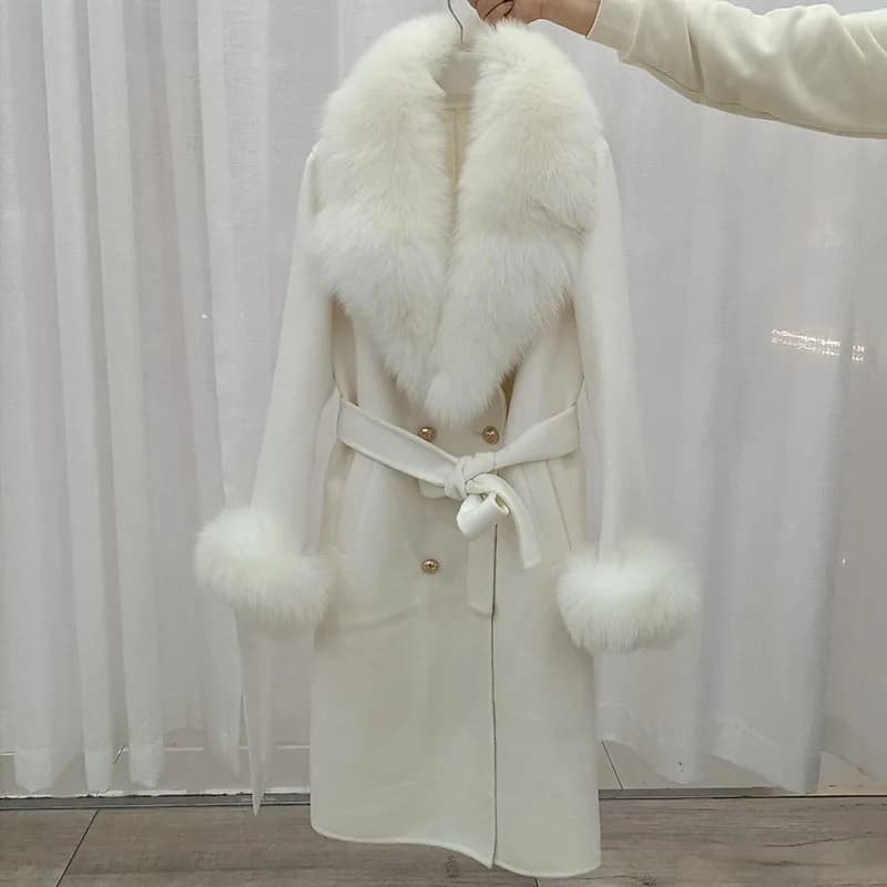 Manteau Long en laine mélangée pour femmes, avec grand col en vraie fourrure de renard, veste d'hive