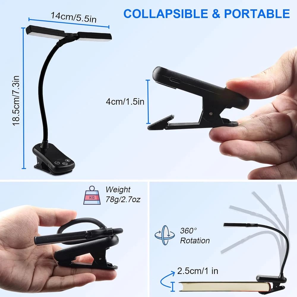 Nouveau 3 couleurs 8 luminosité 14 LED pince sur livre lumière Usb Rechargeable veilleuse Portable l
