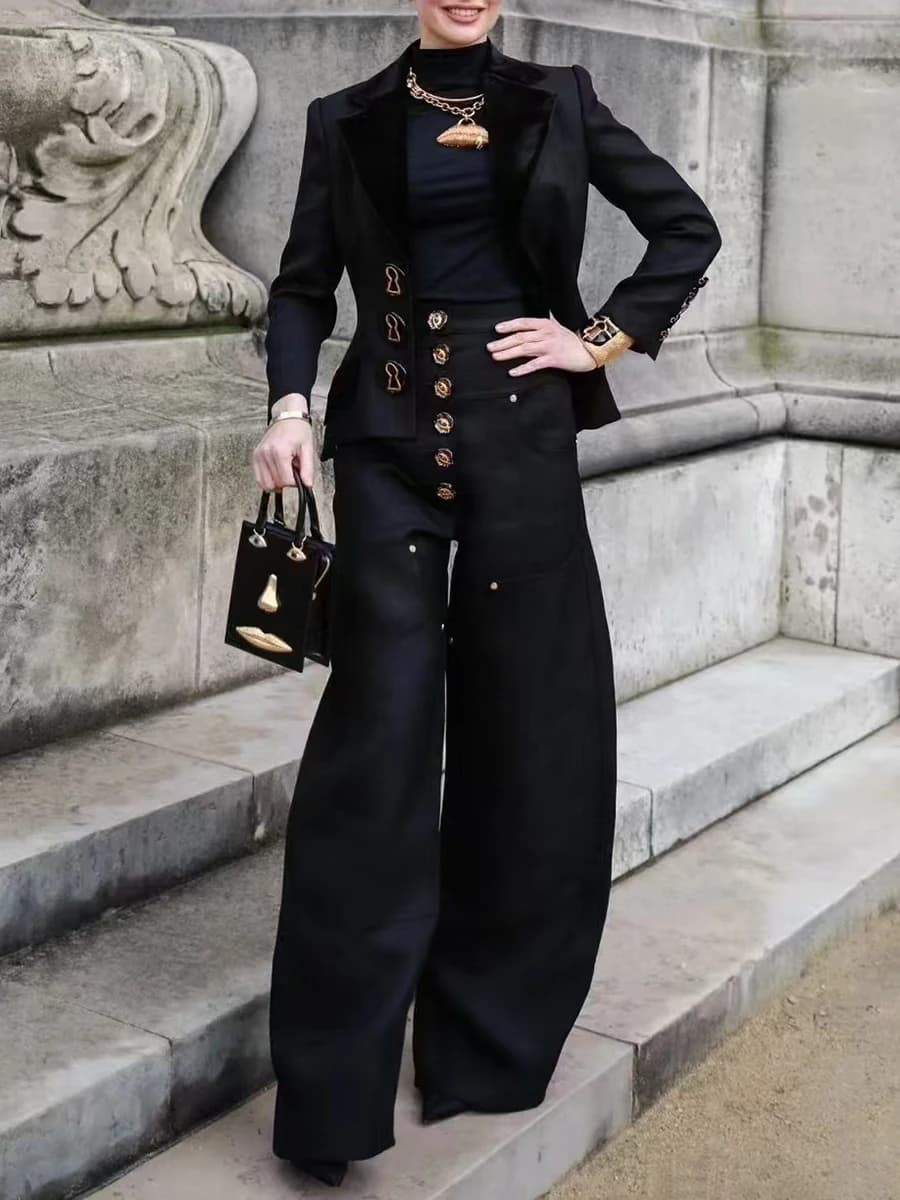 TWOTWINSTYLE – ensemble deux pièces à boutons épissés pour femmes, haut à manches longues, taille ha