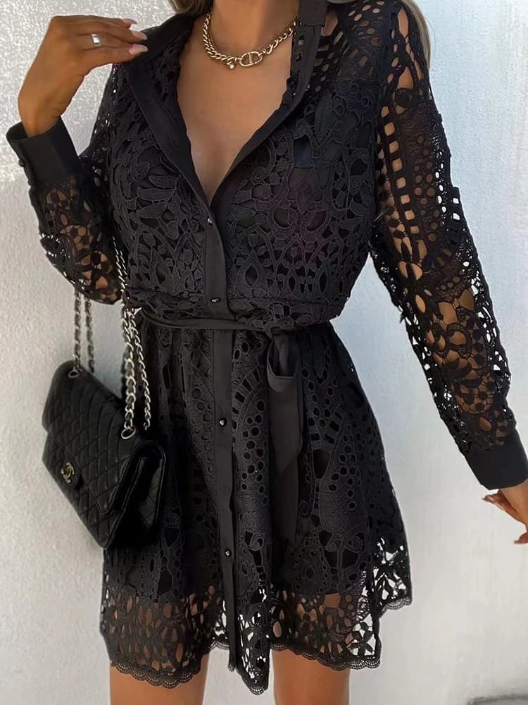 Mini robe vintage évidée pour femme, cardigan à col en V pour femme, manches longues, monochromatiqu