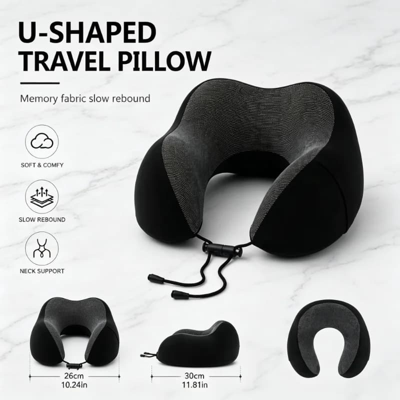 Coussin de voyage ergonomique en mousse à mémoire de forme pour le cou, compact et portable, avec so