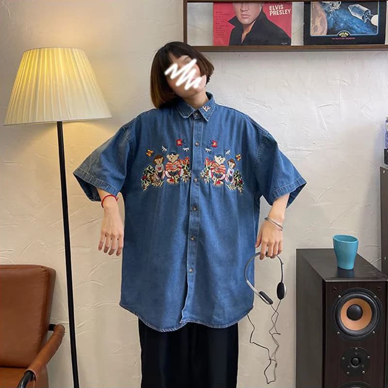 Chemise en denim bleu pour femme, broderie d'été, ours en peluche, fleurs, manches courtes, Harajuku