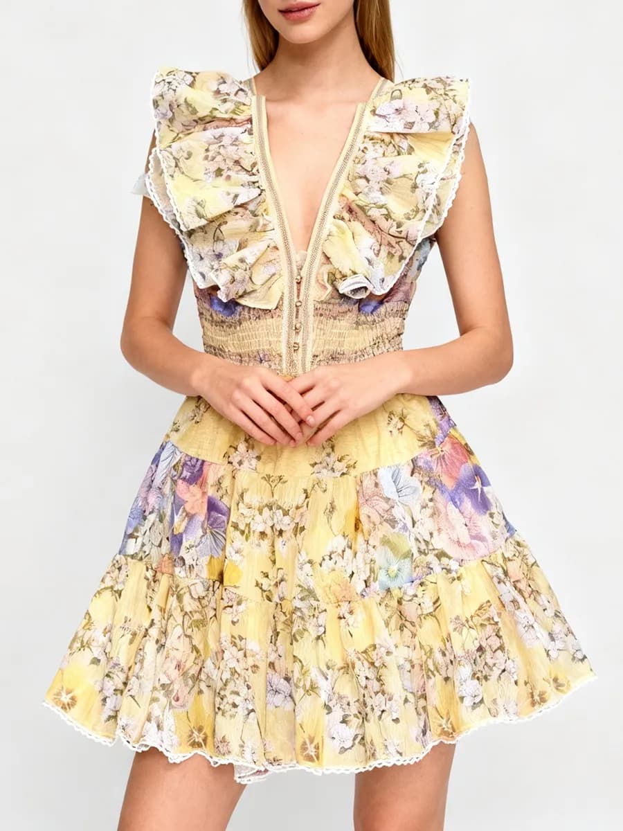 TWOTWINSTYLE minceur impression épissé volants plis robes élégantes pour les femmes col en V sans ma