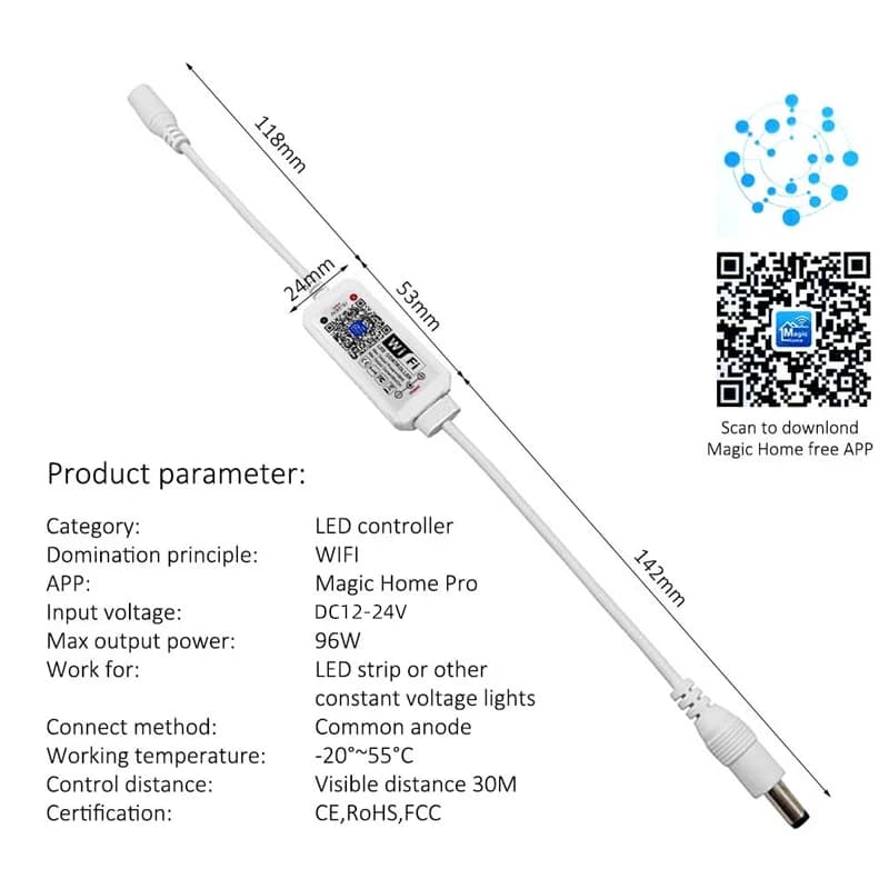 Variateur LED monochrome, contrôleur WiFi, DC 12V 24V 96W, application intelligente, contrôle de gra