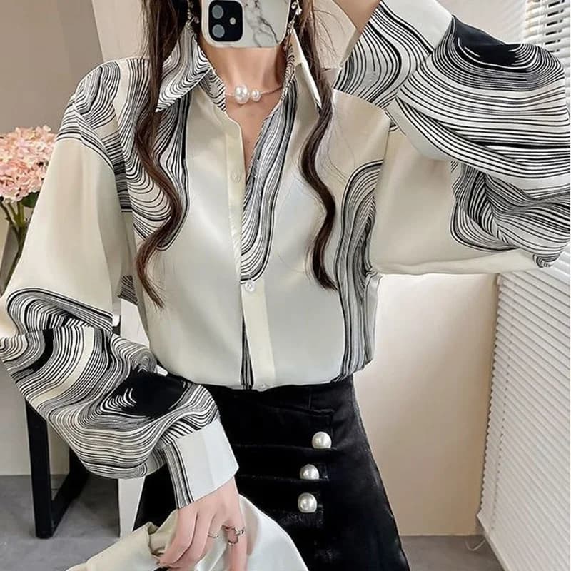 Chemisier en mousseline de soie à rayures pour femmes, chemise à manches lanterne, revers élégant, b