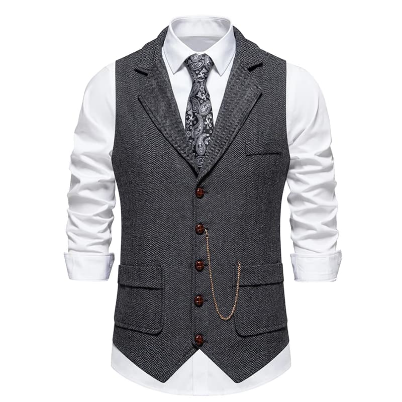 Gilet rétro à chaîne à revers pour hommes, mode chevrons, poches en Tweed grossier, gilet de costume