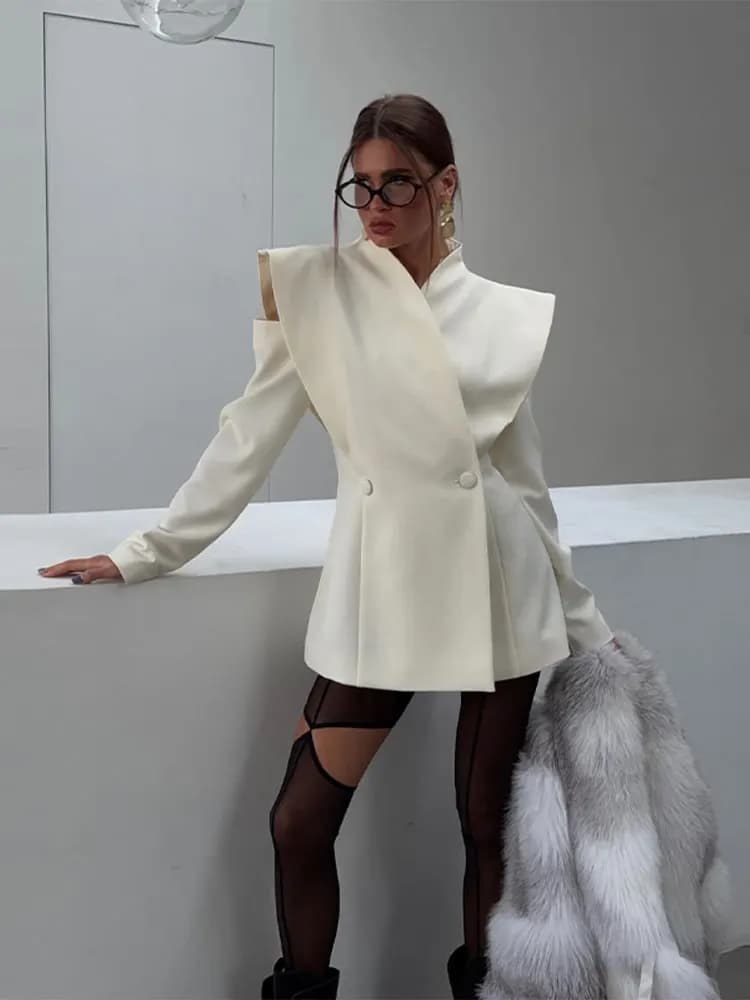 Blazer élégant pour femme, manteau noir, tunique à manches longues, épaules dénudées, col montant, d
