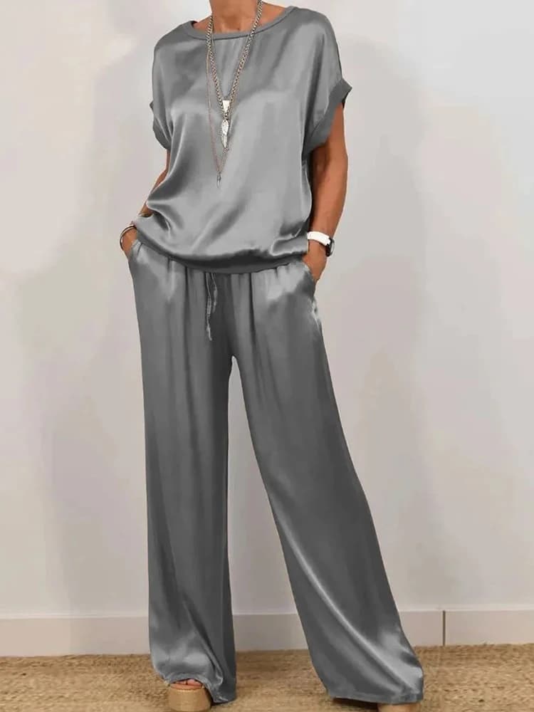 Ensemble deux pièces assorti pour femmes, décontracté, col en V, couleur unie, manches longues, jamb