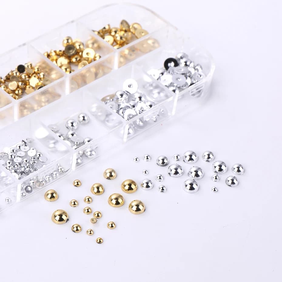 12 grilles de couleurs mélangées or argent plat demi-rond perle ongles pièces Flatback ornement 3D m