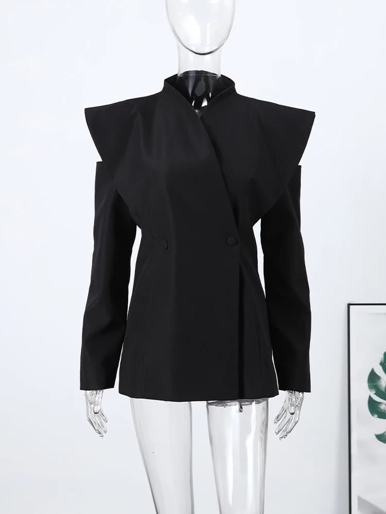 Blazer élégant pour femme, manteau noir, tunique à manches longues, épaules dénudées, col montant, d