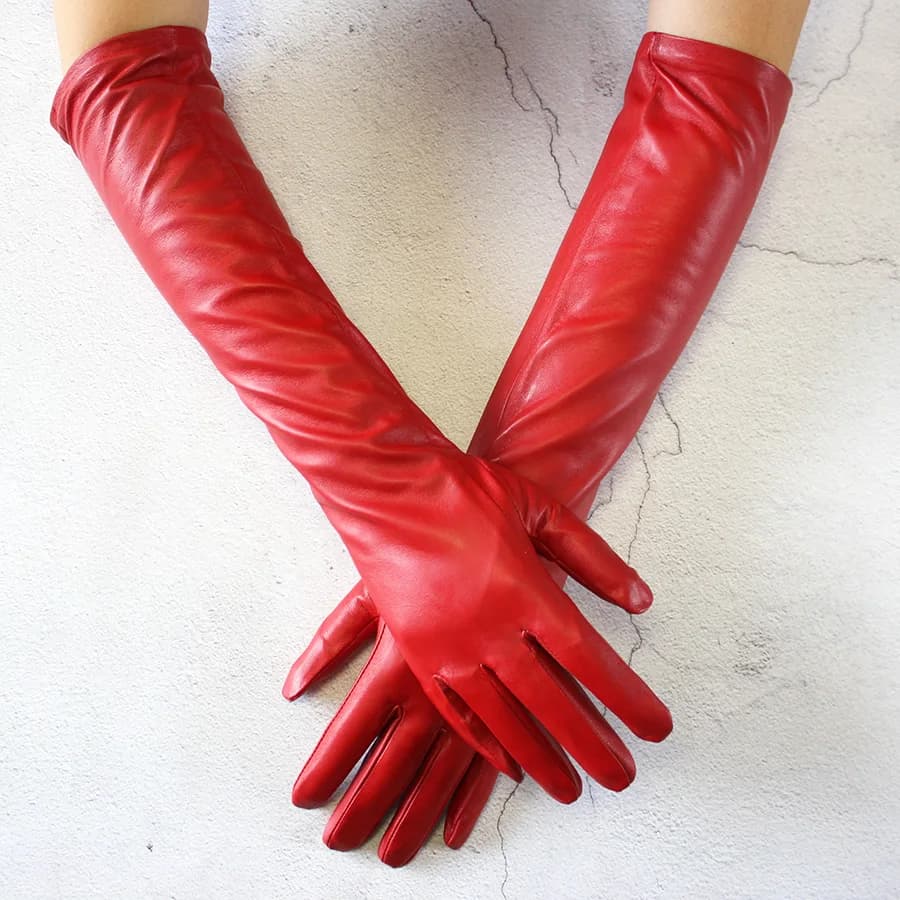 Gants longs en cuir pour femmes, couleur mouton, Section fine sur le coude, doublure longue en velou
