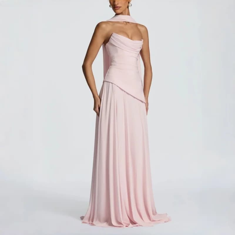 Robe de soirée rose poudré pour femme, col bénitier, dos froncé, à lacets, sans manches, élégante, p
