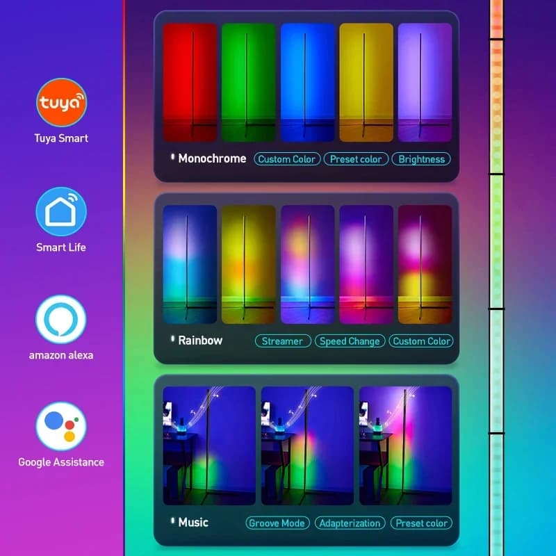 Lampadaire d'angle intelligent RGBIC 180cm, application Tuya et télécommande, couleurs et effets rég
