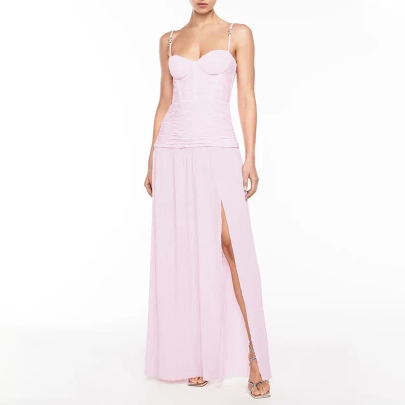 Robe longue de soirée plissée, Sexy, bretelles Spaghetti, sans manches, plis, fente haute, Slim, ten