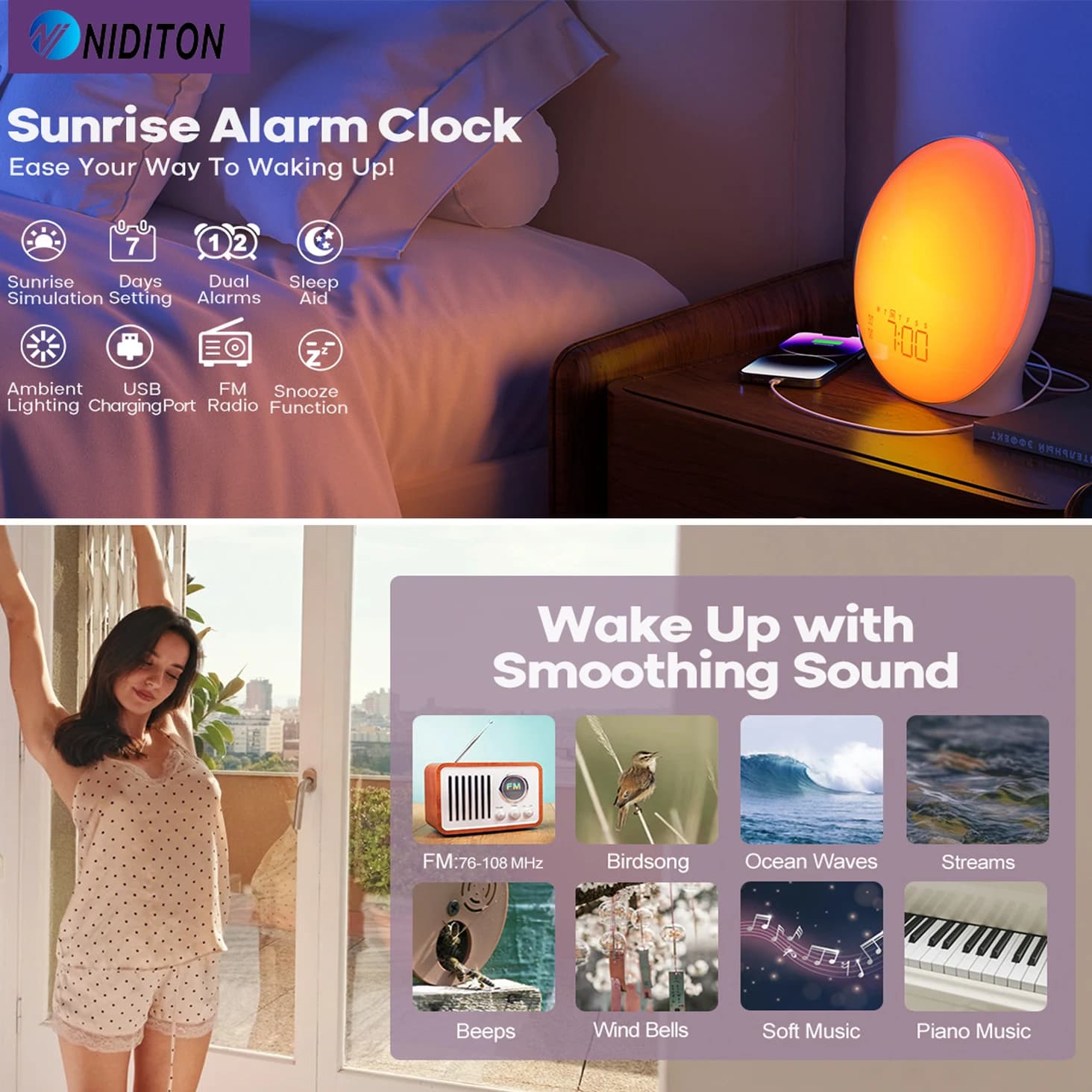 Réveil lumineux, Simulation de lever/coucher du soleil, horloge numérique avec veilleuse, Radio FM, 