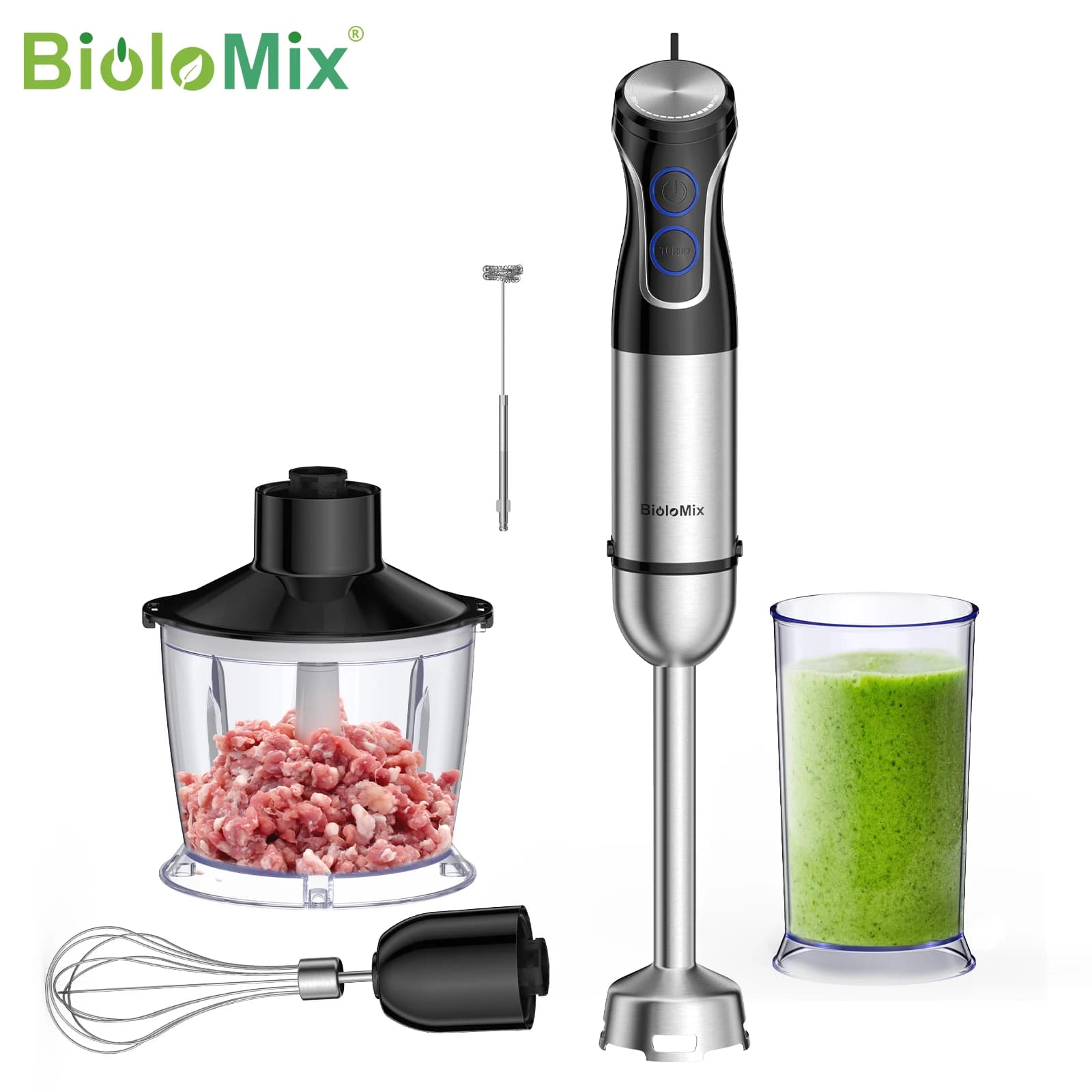 BioloMix-Mélangeur plongeant 5 en 1, mixeur 1500W avec lame en acier inoxydable 304, robot culinaire