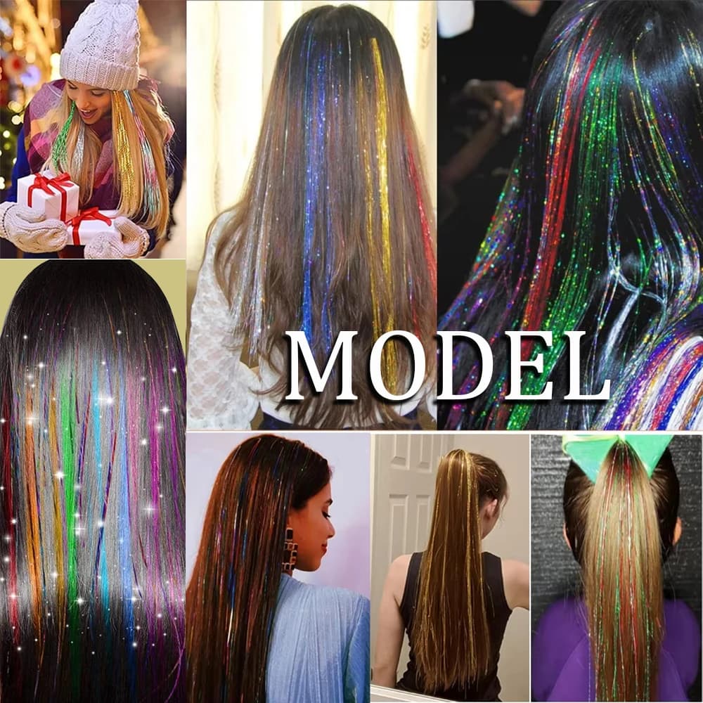 48 pouces brillant étincelle cheveux Tinsel Kit arc-en-ciel femmes coloré paillettes Bling Extension