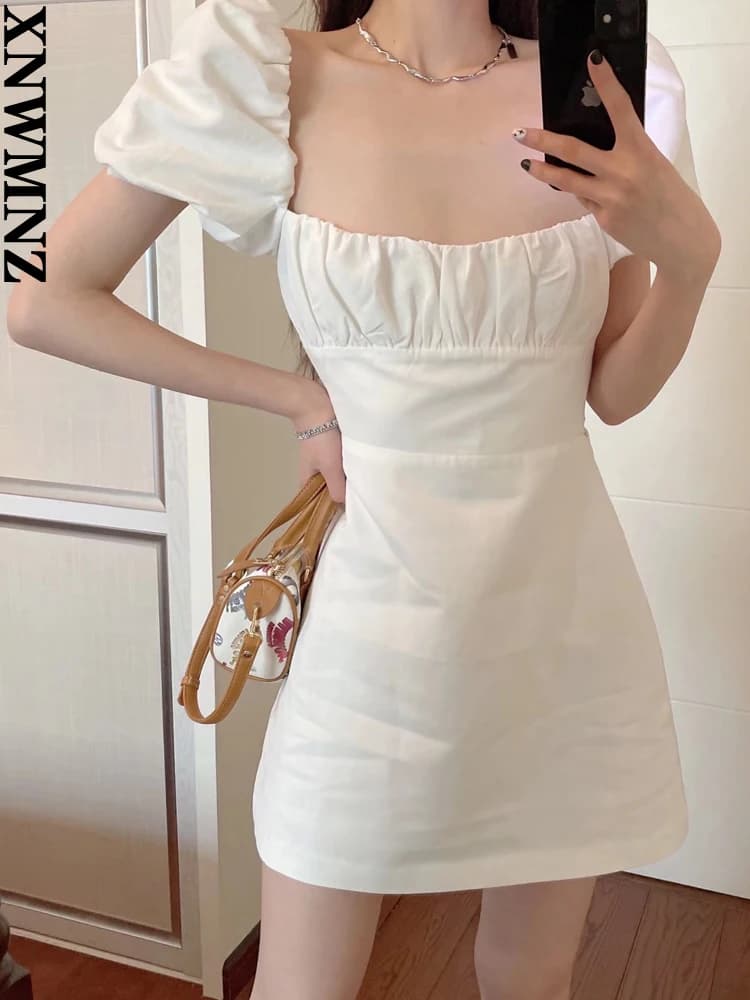 XNWMNZ 2022 femmes mode lin mélangé robe vacances style col carré manches bouffantes dos bretelles c