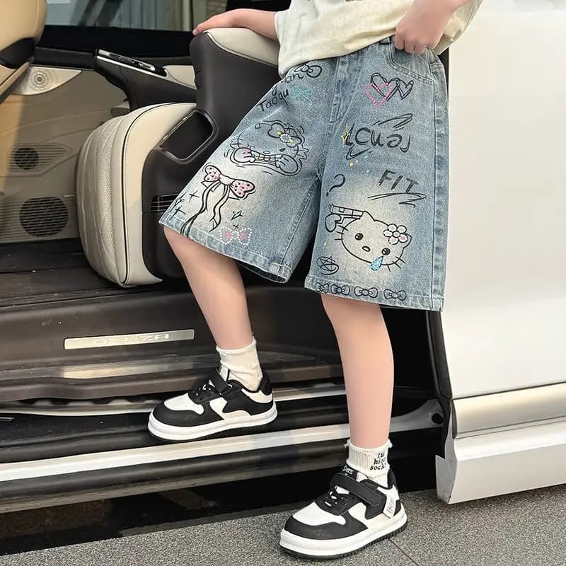 Shorts en jean mignons Sanrio, style décontracté, imprimé Hello Kitty, nouvelle collection, pour enf