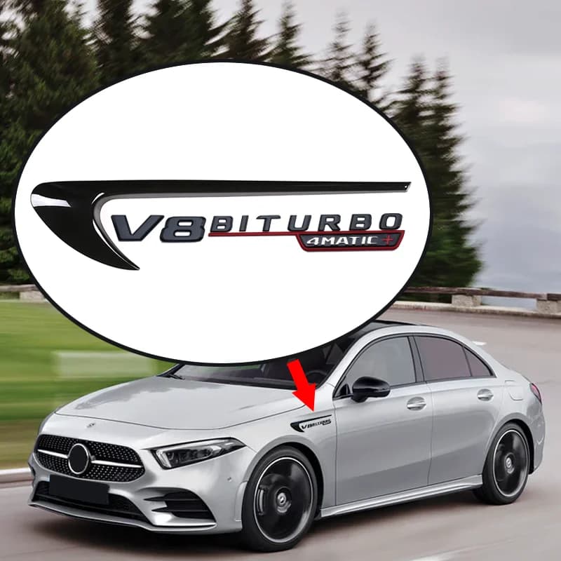 Badge emblème de garde-boue de voiture V8 BITURBO 4MATIC + pour Mercedes Benz AMG W117 W212 W213 W20
