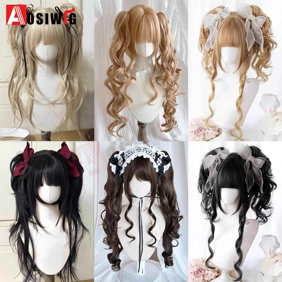 Perruque Lolita synthétique coupe princesse Double queue de cheval avec frange fille Ombre Blonde ma