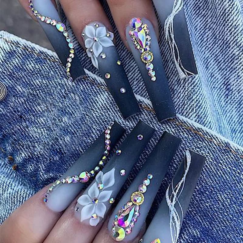 Faux ongles mi-longs avec motif de fleur en forme de cœur 3D, dégradé violet rouge, pointes de Balle