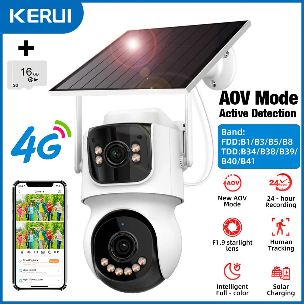 KERUI 4MP WIFI IP caméra extérieure avec double objectif 24H AOV 4G solaire alimenté 10X Zoom PTZ sé