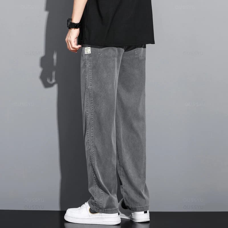 Été doux Lyocell tissu hommes jean mince ample pantalon droit cordon taille élastique corée pantalon
