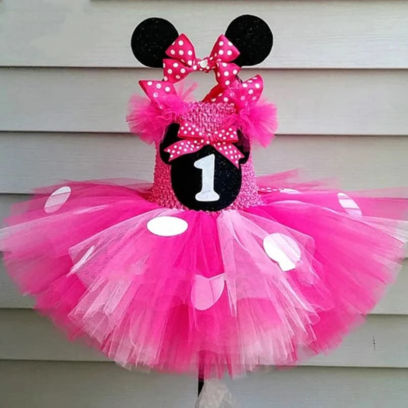 Robe Tutu Mickey rose pour filles mignonnes, en Tulle au Crochet, avec points blancs et nœud pour ch