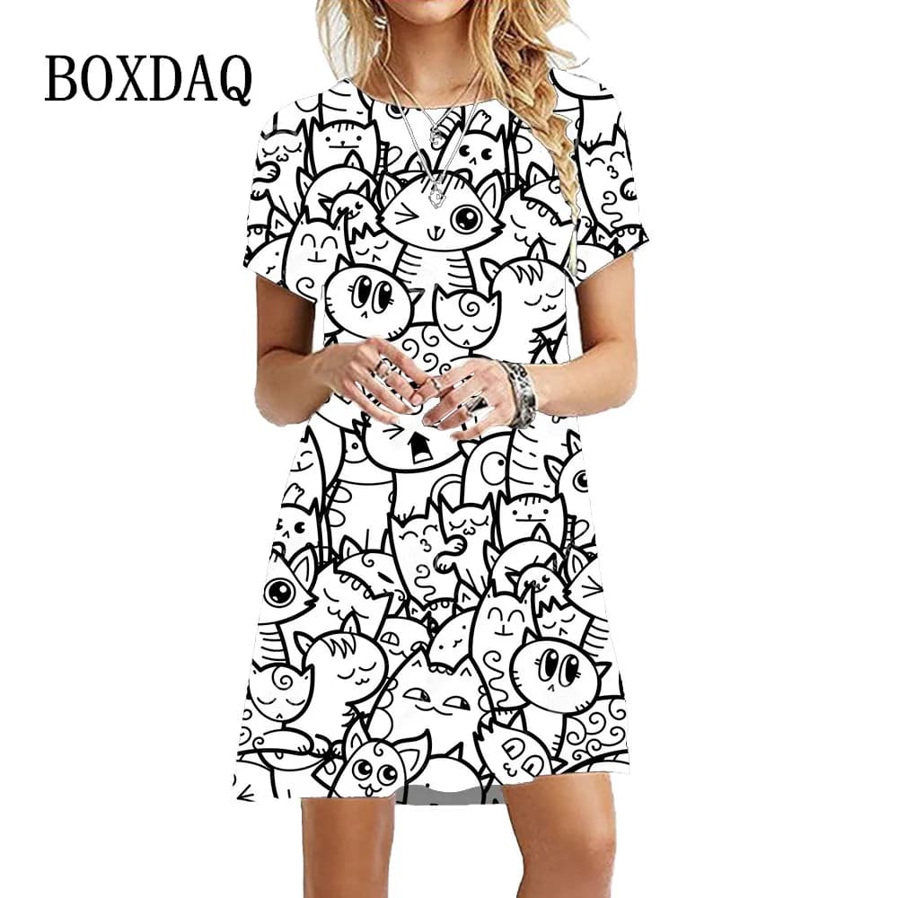 Robe décontractée à manches courtes pour femmes, chats de peinture mignons drôles, vêtements d'été p