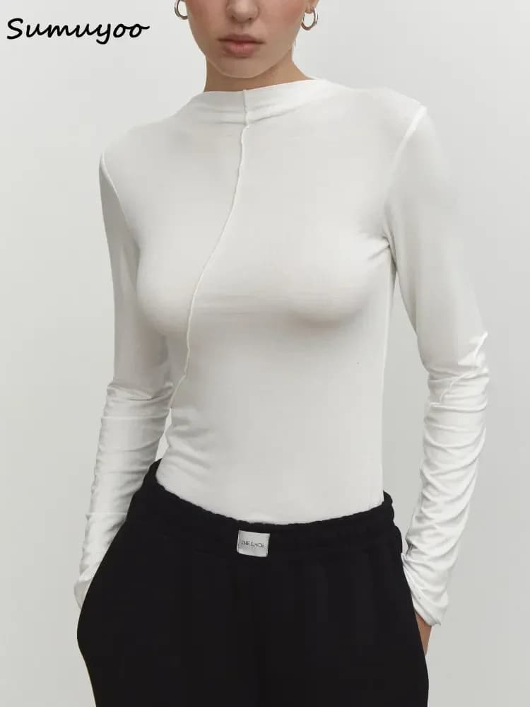 Summkoo-T-shirt Slim Fit à manches longues pour femmes, Économie Streetwear basiques, Demi-col roulé