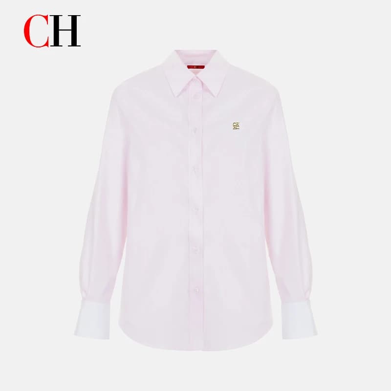 Chemise classique blanche boutonnée pour femme CH, manches longues, détail logo doré, chemisier form