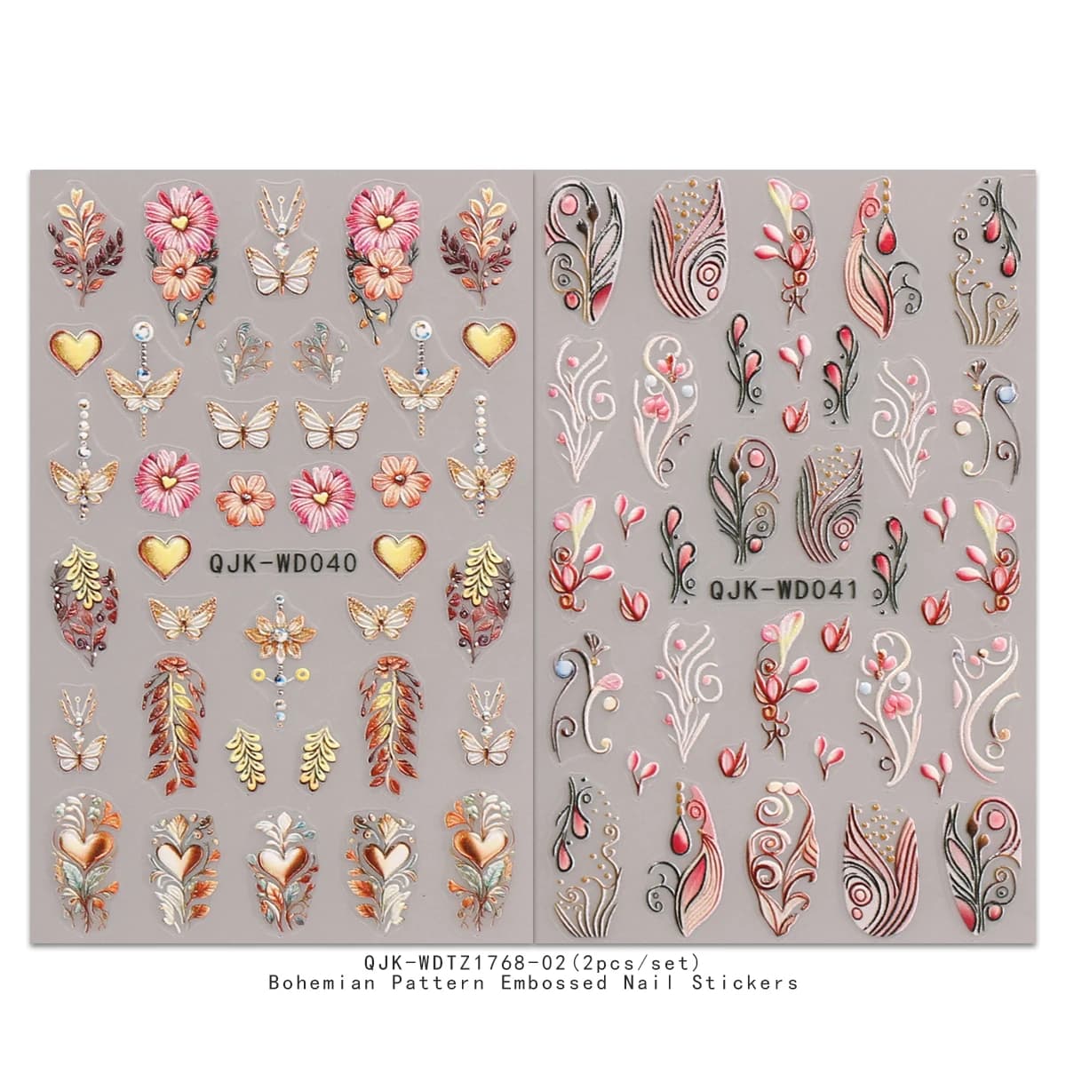 Autocollants pour nail art en relief à motif bohème, thème nostalgique rétro, décoration d'ongles fa