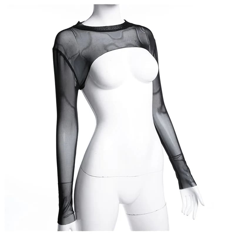 Sexy femmes haut court maille manches T-Shirt Sexy hauts évider Transparent hauts dames T-Shirt haut